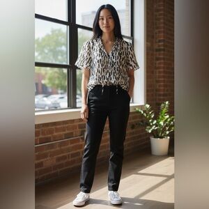 Nine West Black and White Printed Short-Sleeve Blouse